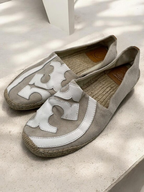 Tory Burch Shoes - Tory Burch Canvas Flat Espadrille Slip On Tan and White Size 10 Shoes Dustbag